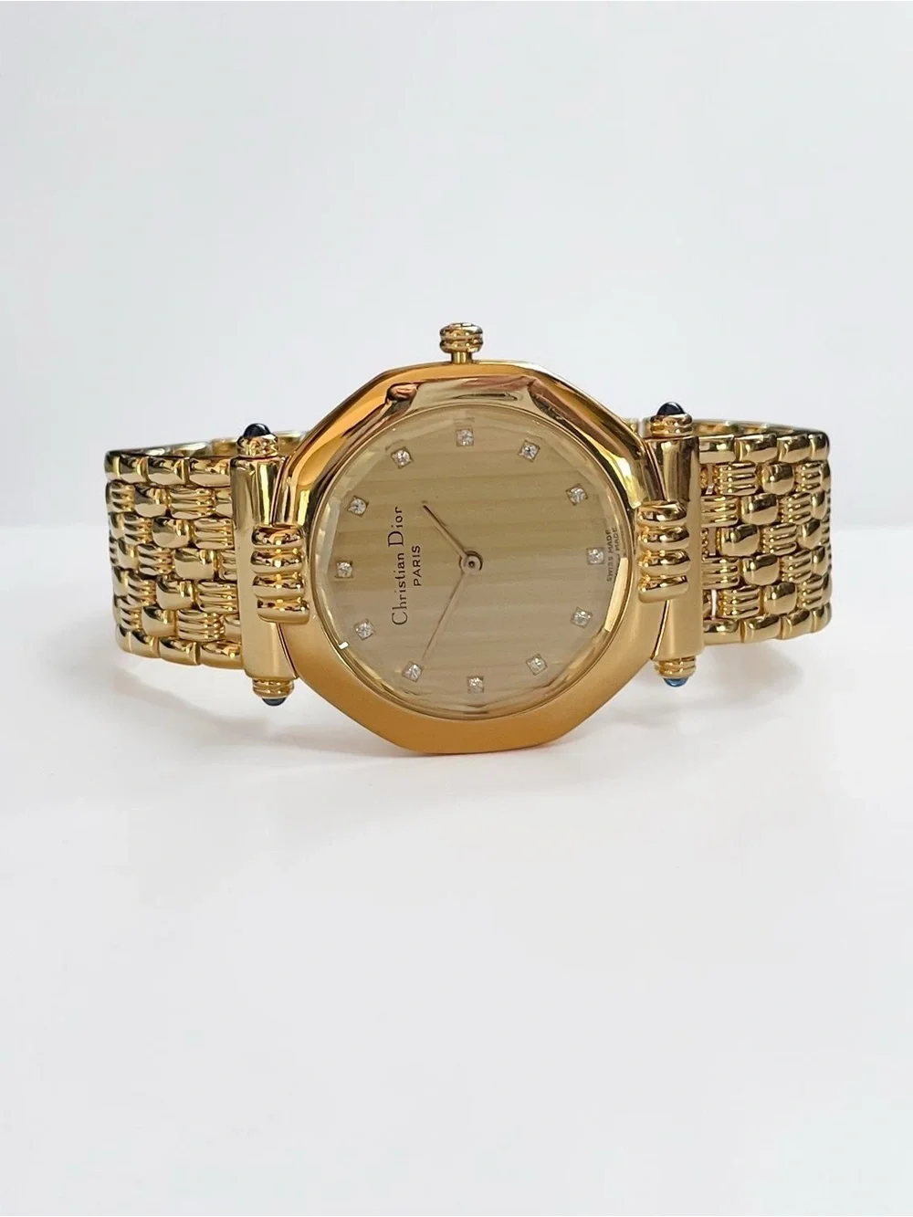 Vintage Christian Dior Octagon Gold Watch with Diamond Hour Marker Dial